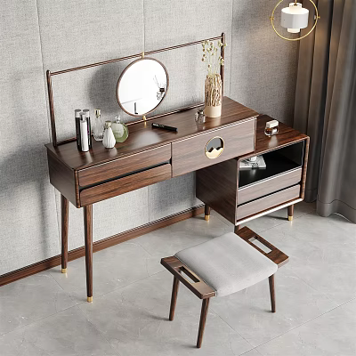 Elegant Modern Wooden Dressing Table with Round Mirror Drawers and Matching Stool 3d model