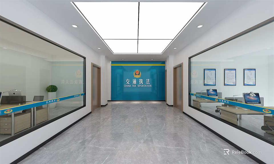 Modern Office Corridor for Traffic Law Enforcement with Glass Partitions Bright Lighting and Marble Floor 3d model 