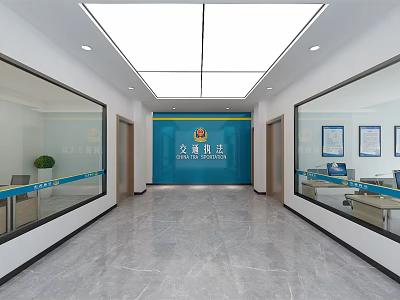 Modern Office Corridor for Traffic Law Enforcement with Glass Partitions Bright Lighting and Marble Floor 3d model