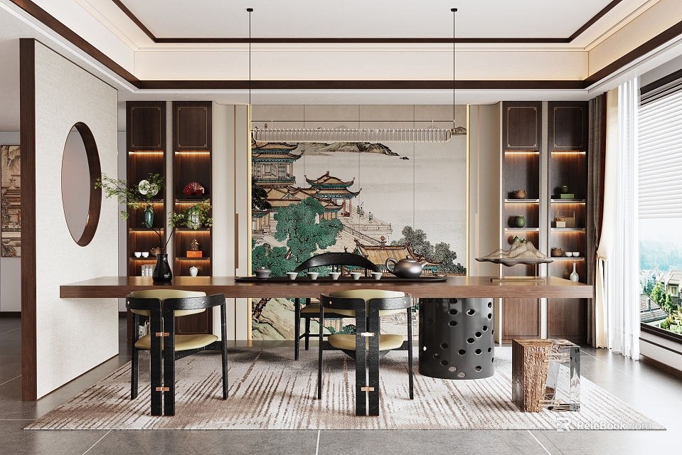 Traditional Chinese Tea Room Design With Wooden Tea Table Hanging Lamps And Decorative Painting 3d model 