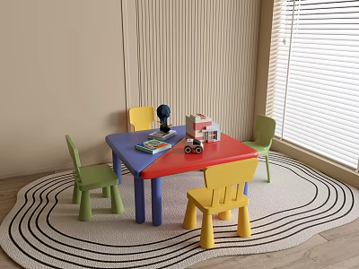 Colorful Kids Table with Chairs on Black and White Wave Rug Near Window 3d model