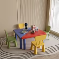 Colorful Kids Table with Chairs on Black and White Wave Rug Near Window