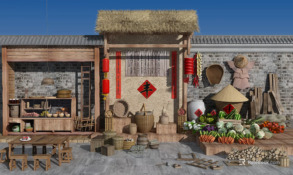 Traditional Rural Daily Necessities With Lanterns And Fu Character 3d model 