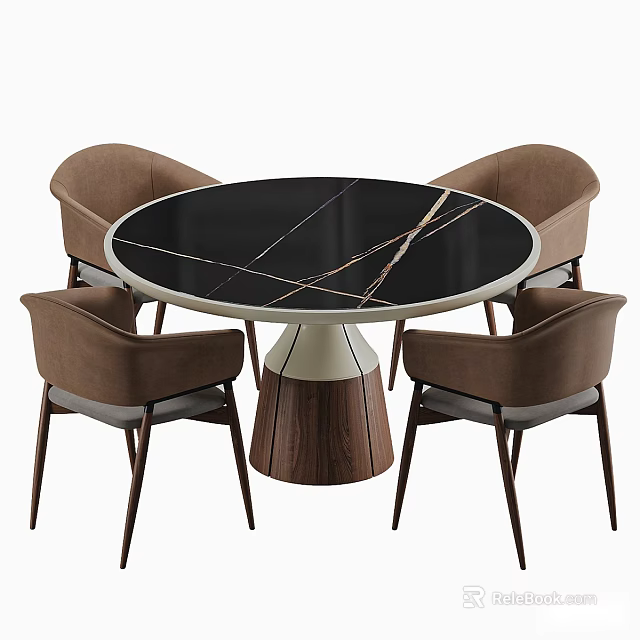 Elegant Round Dining Table With Black Marble Top Golden Veins And Brown Upholstered Chairs 3d model 