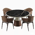 Elegant Round Dining Table With Black Marble Top Golden Veins And Brown Upholstered Chairs