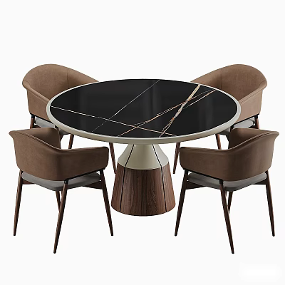 Elegant Round Dining Table With Black Marble Top Golden Veins And Brown Upholstered Chairs 3d model