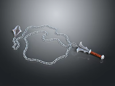 Metallic Chain Weapon With Double Sharp Blades And Red Wooden Handle 3d model