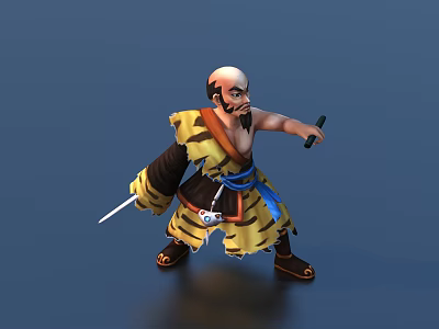 Bald Headed Bearded Game Movie Character With Yellow Tiger Patterned Outfit Blue Sash And Sword 3d model