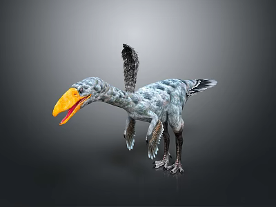 Prehistoric Bird Like Dinosaur With Large Orange Beak And Feathered Wings Standing On Dark Background 3d model