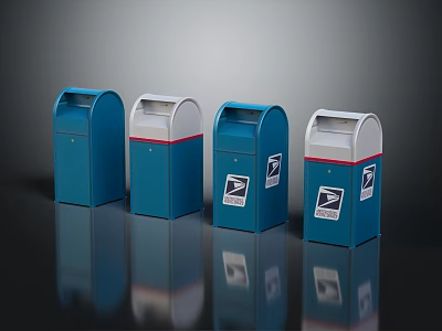 Multiple Blue USPS Mailboxes With Different Designs And White Red Accents 3d model