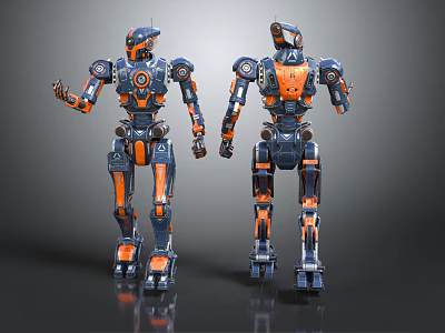 Smart Machines Two Blue And Orange Robots In Standing Posture With Mechanical Structure 3d model