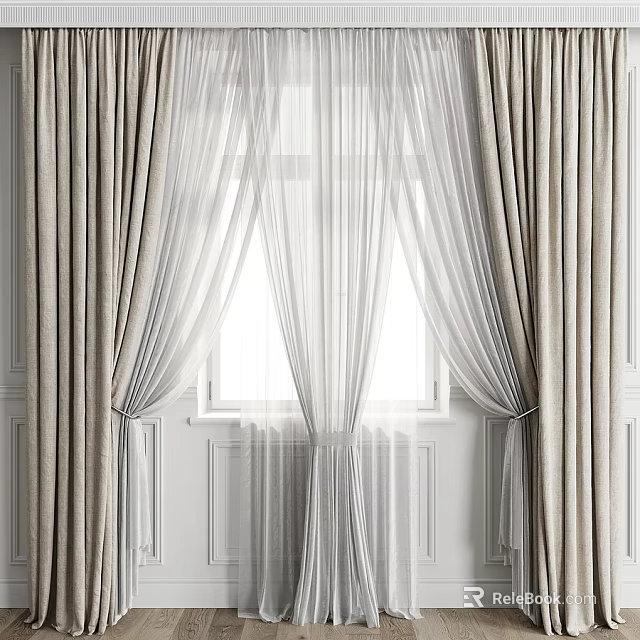 Elegant Layered Beige Curtains With Sheer White Panels For Window Decor 3d model 