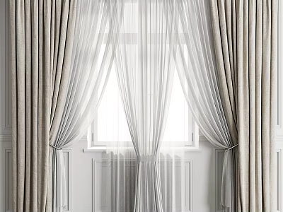 Elegant Layered Beige Curtains With Sheer White Panels For Window Decor 3d model