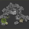 Garden Ornament Stone Rockery With Flowing Waterfall And Surrounding Decorative Plants