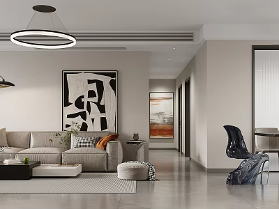 Modern Living and Dining Room Interior With Circular Pendant Light Sofa Artwork and Open Layout 3d model