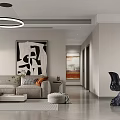 Modern Living and Dining Room Interior With Circular Pendant Light Sofa Artwork and Open Layout
