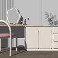 Modern White Dressing Table Interior With Curved Mirror Pink Chair And Cosmetics Decorations