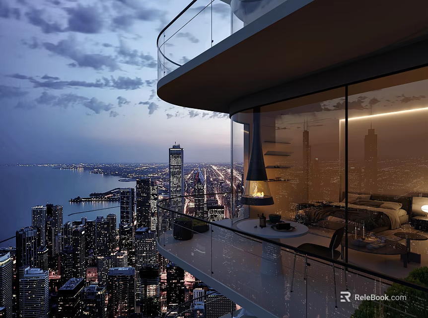 Modern Home Balcony With Glass Railing City Night View Sea View And Warm Lighting 3d model 