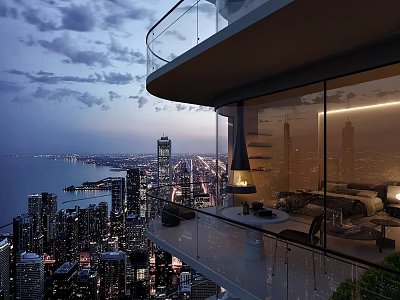 Modern Home Balcony With Glass Railing City Night View Sea View And Warm Lighting 3d model