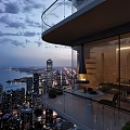 Modern Home Balcony With Glass Railing City Night View Sea View And Warm Lighting