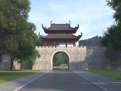 Ancient Chinese Architecture City Gate Tower With Ornate Eaves Stone Wall And Arched Gateway 3d model