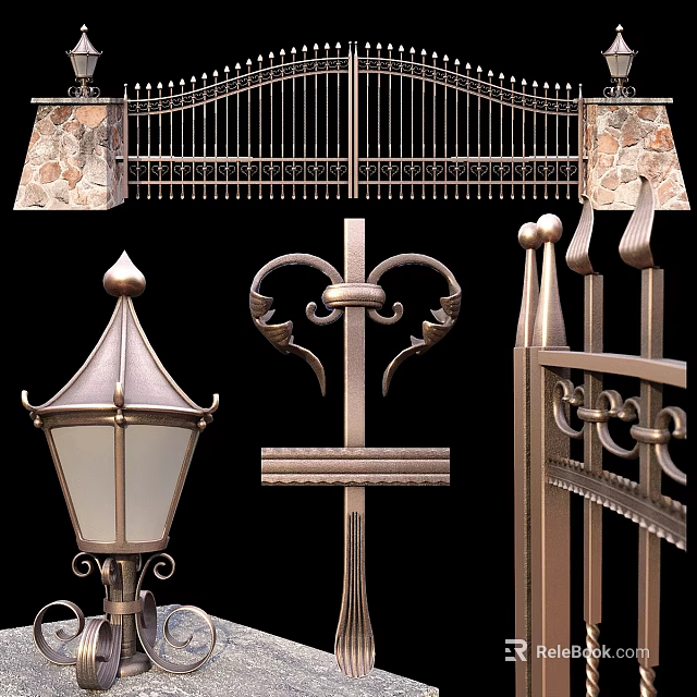 Elegant Iron Partition Design With Decorative Elements Heart Shaped Motifs Stone Pillars And Lamp Posts 3d model 