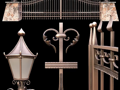 Elegant Iron Partition Design With Decorative Elements Heart Shaped Motifs Stone Pillars And Lamp Posts 3d model