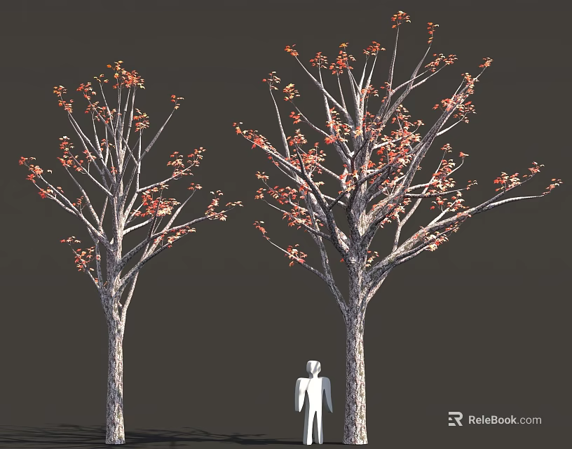 Two Trees With Orange Leaves And White Human Figure On Dark Background 3d model 