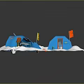 Cartoon Scene With Snowy Ground Blue Tents Little Figures And Items