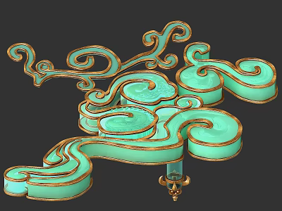 Cartoon Style Turquoise And Gold Cloud Pattern With Curly Designs And Ornamental Pendulum 3d model