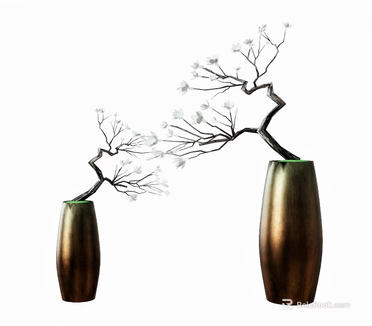 Decorative Bronze Vases with White Flower Branches Modern Home Decor Accents in Different Sizes 3d model 