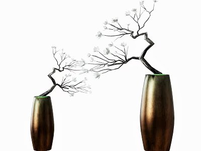 Decorative Bronze Vases with White Flower Branches Modern Home Decor Accents in Different Sizes 3d model