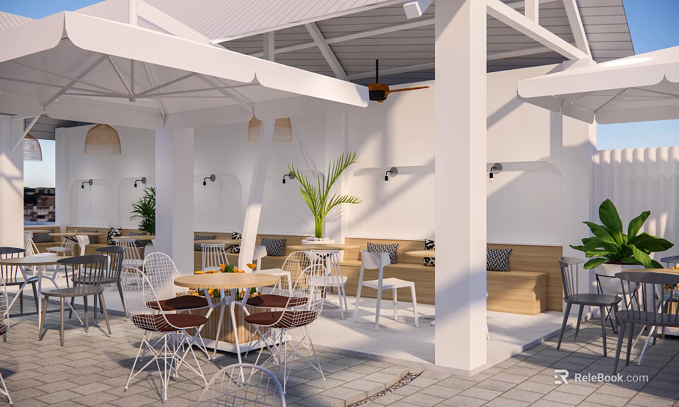 Outdoor Café Patio With White Canopy Pillars Tables Chairs And Green Plants 3d model 