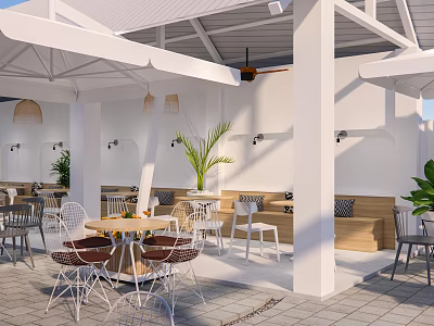 Outdoor Café Patio With White Canopy Pillars Tables Chairs And Green Plants 3d model