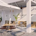 Outdoor Café Patio With White Canopy Pillars Tables Chairs And Green Plants