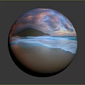 Stunning Sunset Beach Scene With Orange Purple Clouds Blue Waves And Green Hills