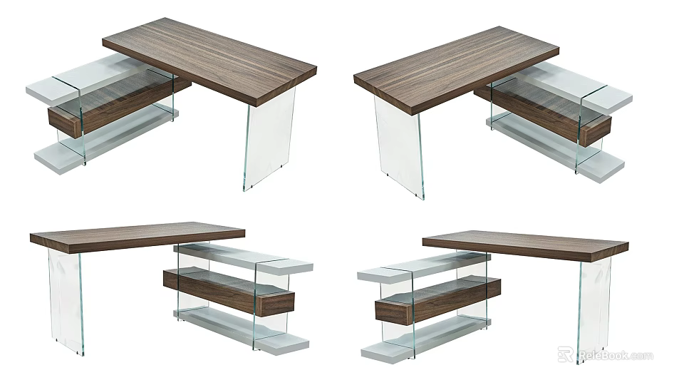 Modern Office Desk With Wooden Top And Glass Shelves Design Elements 3d model 