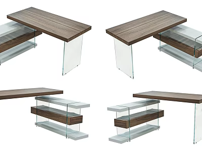 Modern Office Desk With Wooden Top And Glass Shelves Design Elements 3d model