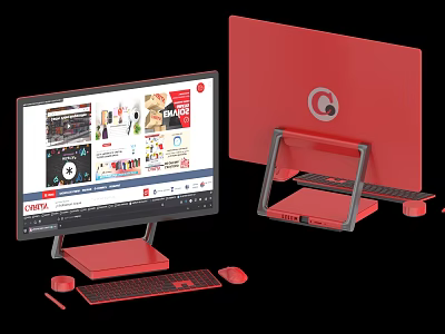 Red Computer Monitor Setup With Keyboard Mouse And Stand Design 3d model