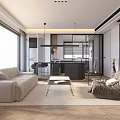 Modern Living Dining Room With Sofa TV Dining Table Pendant Lights And Window View