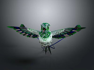 Vibrant Green and Blue Stained Glass Hummingbird Painting Featuring Spread Wings on Gray Background 3d model