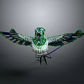 Vibrant Green and Blue Stained Glass Hummingbird Painting Featuring Spread Wings on Gray Background