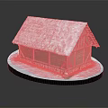 Wooden Log House With Snow Covered Roof And Stone Base On Snowy Ground