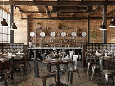 Industrial Style Restaurant Interior With Brick Walls Wooden Ceiling Metal Chairs And Wine Racks 3d model