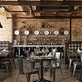 Industrial Style Restaurant Interior With Brick Walls Wooden Ceiling Metal Chairs And Wine Racks