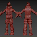 3D Character Model Front And Back View With Armored Vest Leg Guards And Arm Protectors