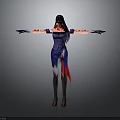 Dark Haired Character With Purple Top Blue Skirt And Red Bioluminescent Arms Against Grey Background