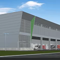 Modern Industrial Warehouse Exterior With Metal Glass Facade Green Accents Loading Docks Trucks And Road