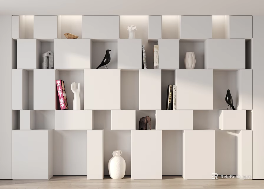 Modern White Cubical Bookcase Interior With Open Shelves Books And Decorative Items 3d model 