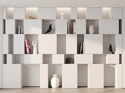 Modern White Cubical Bookcase Interior With Open Shelves Books And Decorative Items 3d model